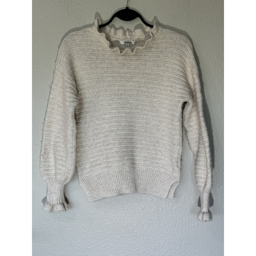Madewell Ruffle Mock Neck Sweater Women’s XS Cream Rib Knit Merino Wool Blend